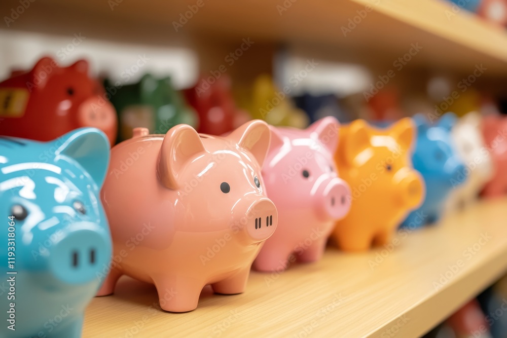 Colorful piggy banks lined up on a wooden shelf in a retail store display Colorful piggy banks lined up on a wooden shelf in a retail store display