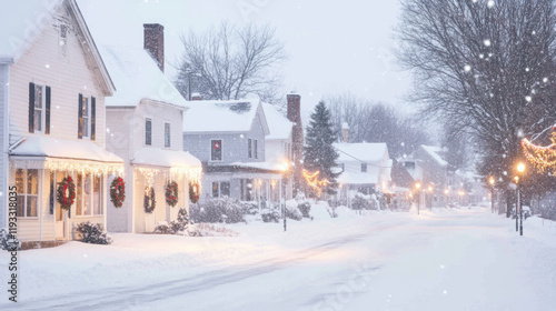 Fototapeta Naklejka Na Ścianę i Meble -  Snow covered small town street with festive holiday decorations and illuminated street lamps