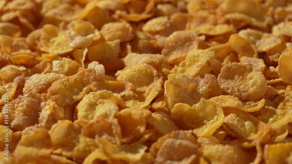 Macro video of corn flakes on rotating disc. Macro video of corn flakes on rotating disc.