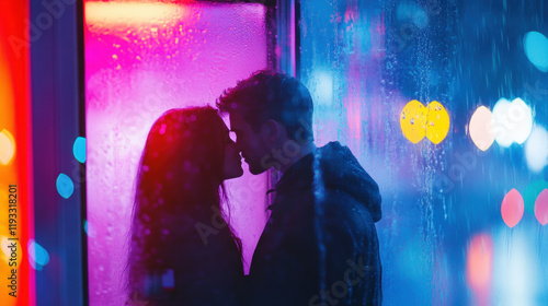 Silhouette of a couple kissing in vibrant neon city ​​night rain