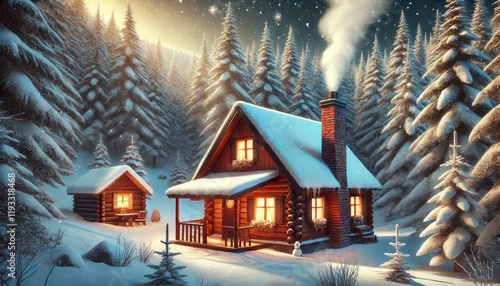 A cozy winter cabin in the woods with smoke rising from the chimney.