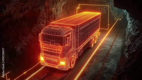 A truck in the mine, a glowing wireframe hologram render in red and orange, driving on an underground road photo