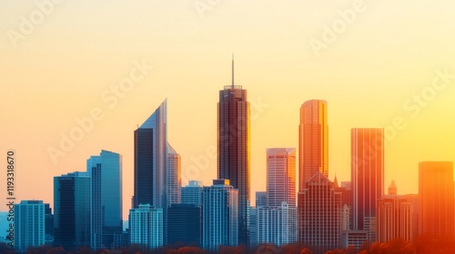 Golden sunset cityscape skyline panorama.