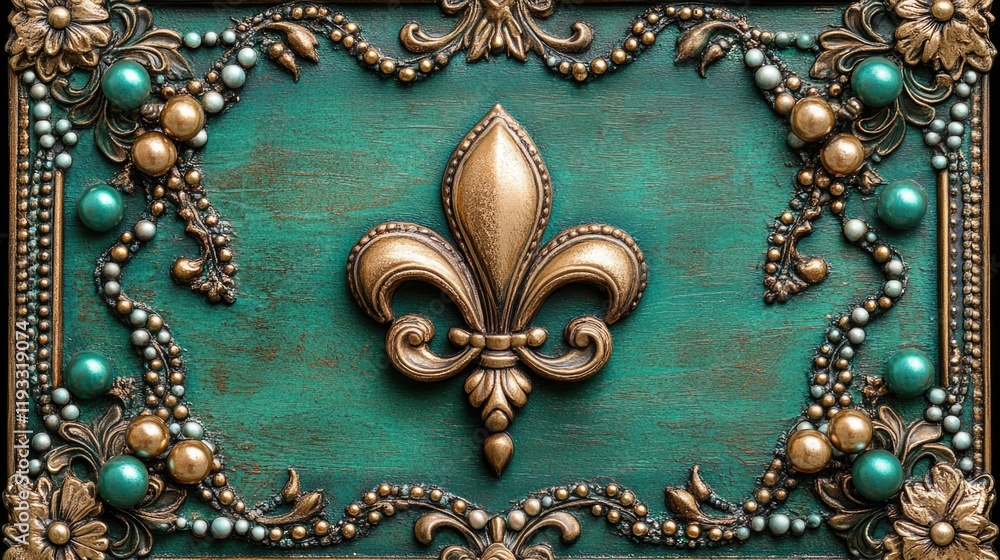 Naklejka premium Ornate fleur-de-lis design with gold and pearl embellishments on turquoise background. Mardi Gras, Fat Tuesday, Carnival Season. Bright Parades, Masks, Festive Costumes, Vibrant Atmosphere