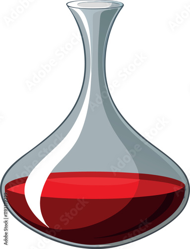 Elegant glass carafe containing red wine on white background