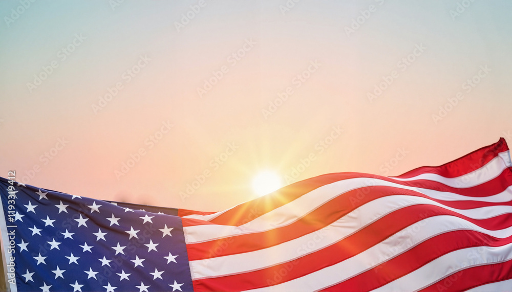 Fototapeta premium Waving American flag at pastel sunrise, symbol of Independence Day