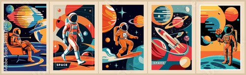 Astronaut in space retro Posters, backgrounds, covers vector set. Space and the universe concept. Cosmonaut in spacesuit flying in galaxy with stars and planets vintage style illustrations.