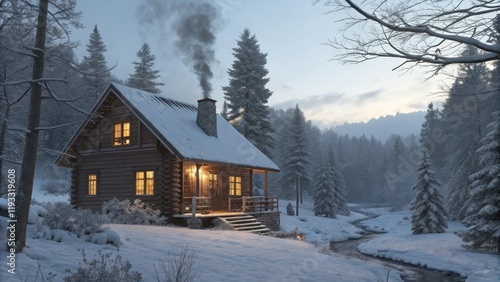 A cozy winter cabin in the woods with smoke rising from the chimney.