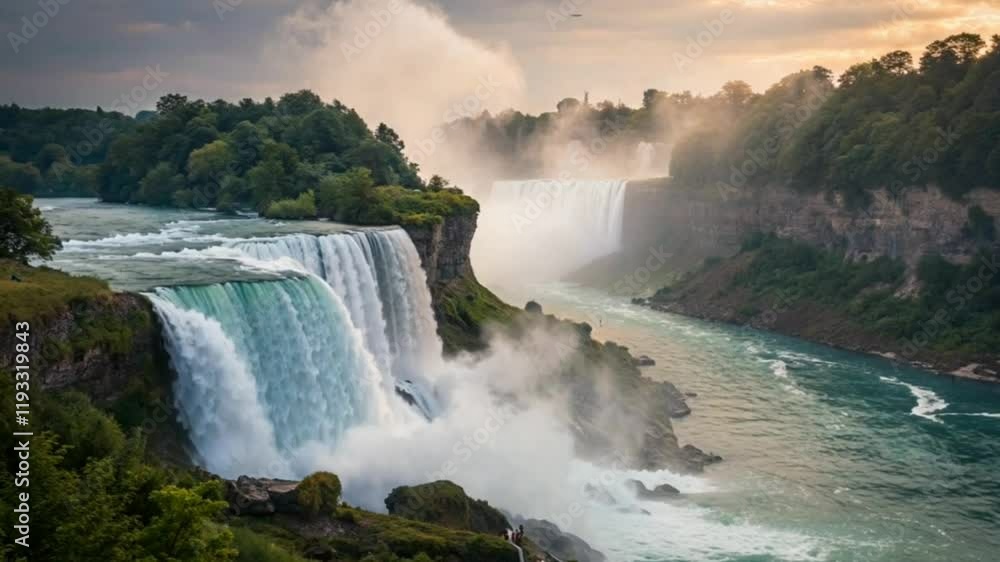 A large waterfall on mountain near by a forest, flowing waterfall A large waterfall on mountain near by a forest, flowing waterfall