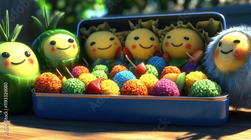 Colorful Fruit Characters Enjoying a Picnic in a Sunlit Garden with Lush Greenery photo