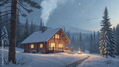 A cozy winter cabin in the woods with smoke rising from the chimney.