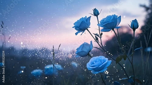 Magical blue roses in meadows at evening with glowing sparkles