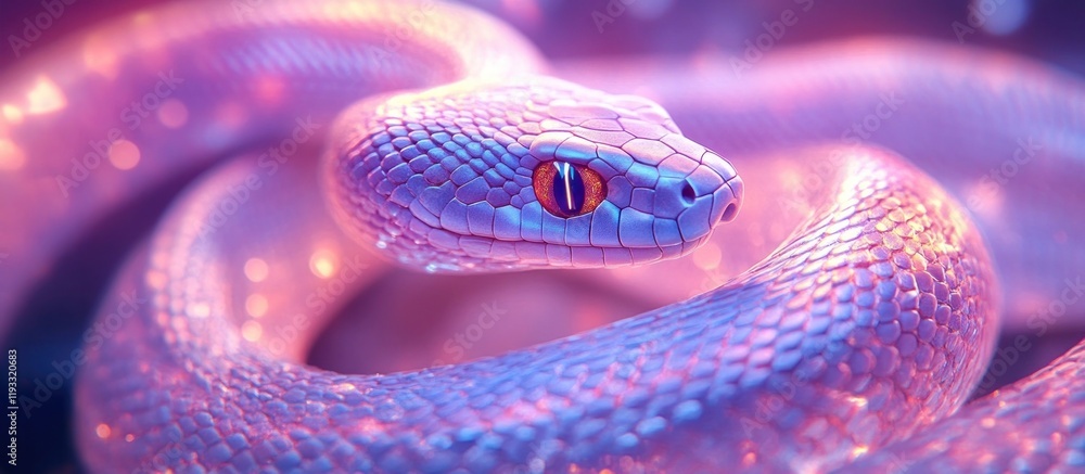 Fototapeta premium Closeup of a striking venomous snake with vibrant purple blue and red scales coiled and ready to attack