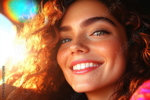 Wallpaper Mural Smiling caucasian young woman with curly hair and sunlight in background Torontodigital.ca