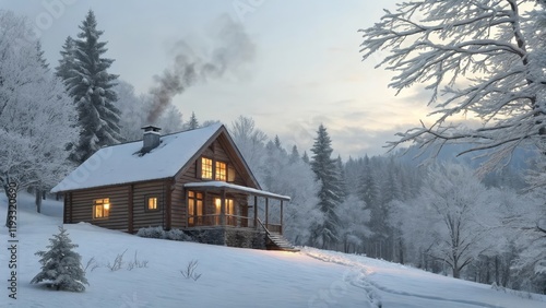 A cozy winter cabin in the woods with smoke rising from the chimney.