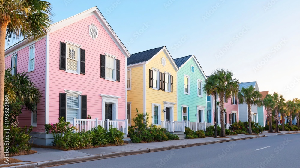 Colorful pastel houses line a street, palm trees flank the road.