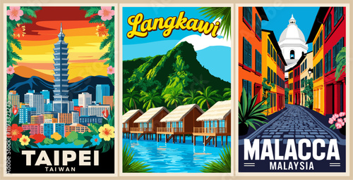 Set of Travel Destination Posters in retro style. Taipei, Taiwan, Langkawi, Malacca, Malaysia digital prints. Exotic summer vacation, holidays concept. Vintage vector colorful illustrations.