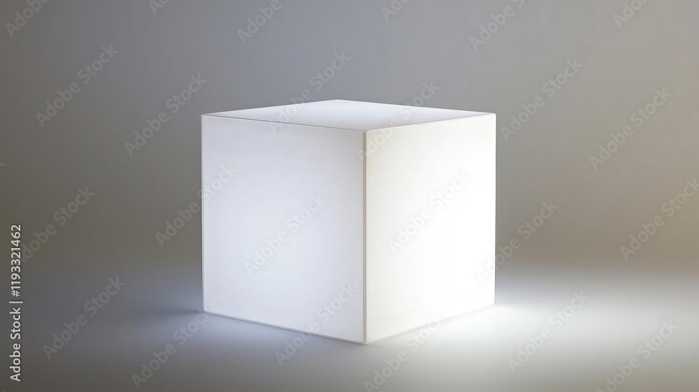 Fototapeta premium A glowing white cube on a soft gradient backdrop, perfect for showcasing modern and sleek products in a clean, minimalistic setting, highlighting elegance and simplicity in product presentations. 