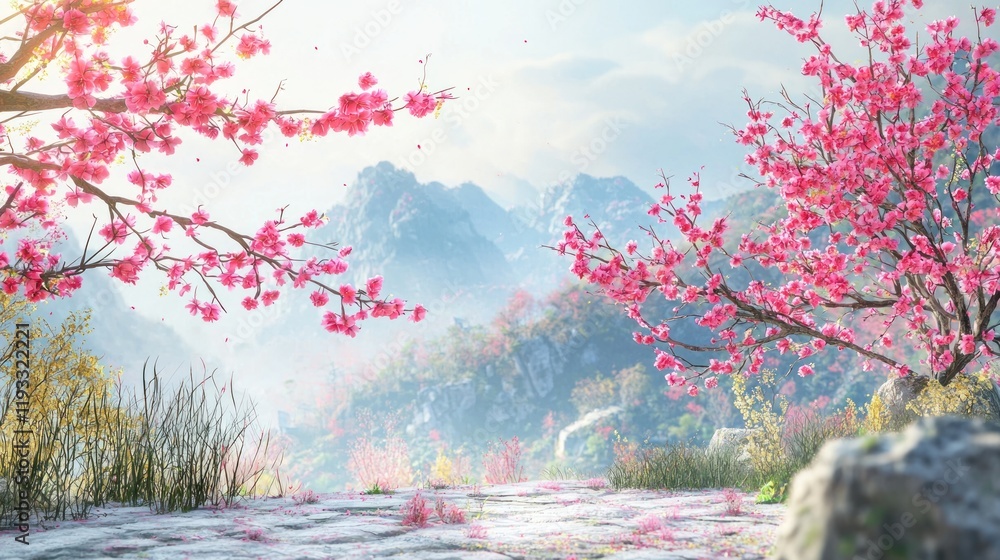 A peaceful garden scene with plum blossoms blooming, bringing good luck for the Chinese New Year A peaceful garden scene with plum blossoms blooming, bringing good luck for the Chinese New Year