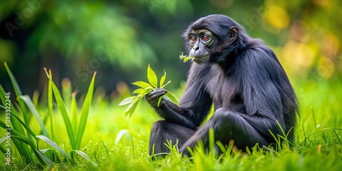 Black Spider Monkey Eating Leaves in Grass - Wildlife Stock Photo photo