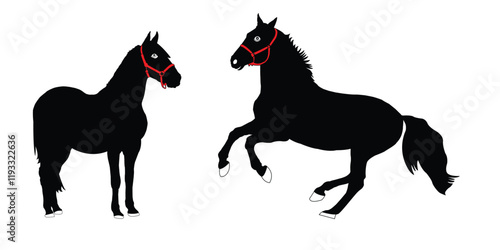 Silhouettes of Two Horses with Red Halters. Symbols of Horse vector, Horse Icon, Horse Logo.
