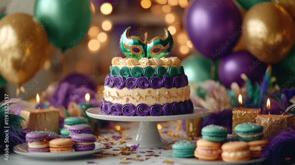 Fototapeta premium Vibrant mardi gras cake with mask and festive decorations. Mardi Gras, Fat Tuesday, Carnival Season. Bright Parades, Masks, Festive Costumes, Vibrant Atmosphere