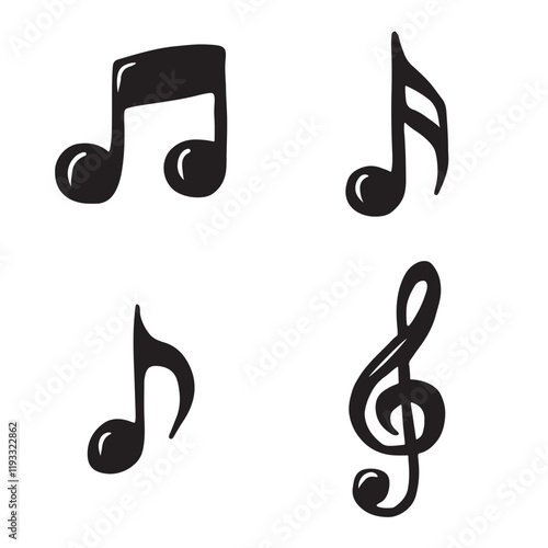 Set of treble clef and musical notes in black isolated on white background. Hand drawn vector sketch illustration in doodle vintage line art style. Music creation, icon, silhouette drawing, song