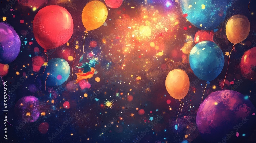 Colorful Balloons Festive Flight Through Sparkling Night Sky Colorful Balloons Festive Flight Through Sparkling Night Sky