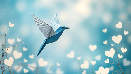 Oiseau bleu volant en origami, espace vide pour du texte