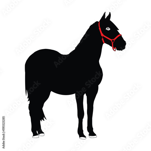 Elegant Black Horse Silhouette with Red Halter. Symbol of Horse vector, Horse Icon, Horse Logo.
