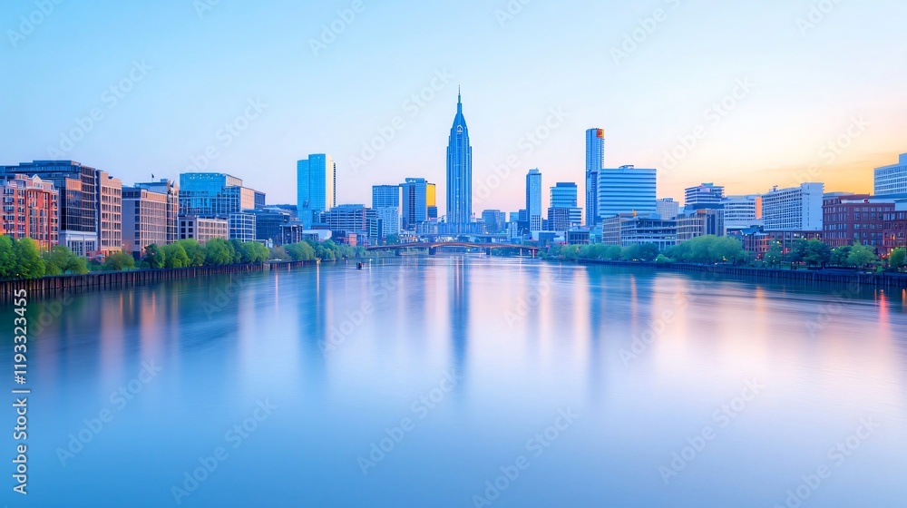 Fototapeta premium City skyline reflected in calm river at dawn.