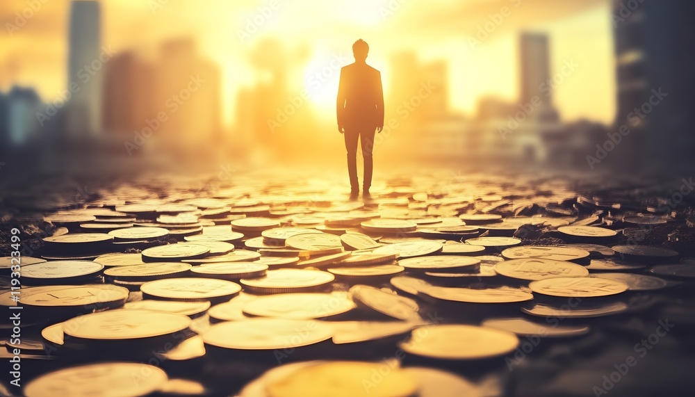 Silhouette of a Businessman Standing on a Ground Covered with Coins Against a Bright City Skyline During Sunset, Symbolizing Wealth and Prosperity Silhouette of a Businessman Standing on a Ground Covered with Coins Against a Bright City Skyline During Sunset, Symbolizing Wealth and Prosperity