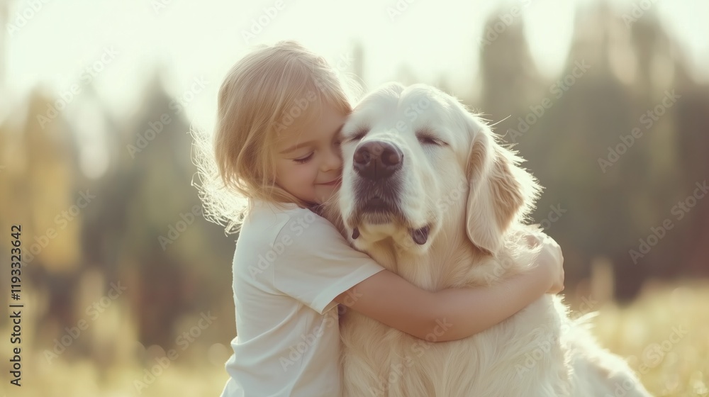 Little girl hugging her dog in a meadow at sunset Little girl hugging her dog in a meadow at sunset