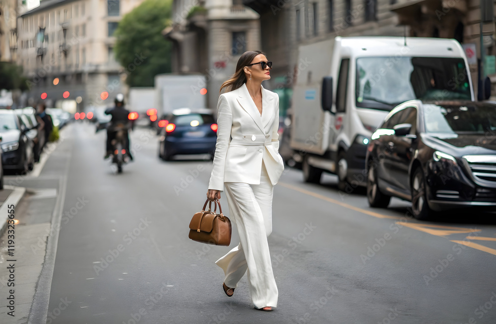 Fototapeta premium Elegant Woman in White Suit Walking Along Busy Urban Street