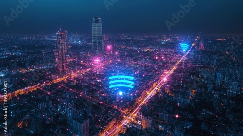 Wallpaper Mural Futuristic dot-line wireless tech for 5G or 6G mobile networks.  Torontodigital.ca