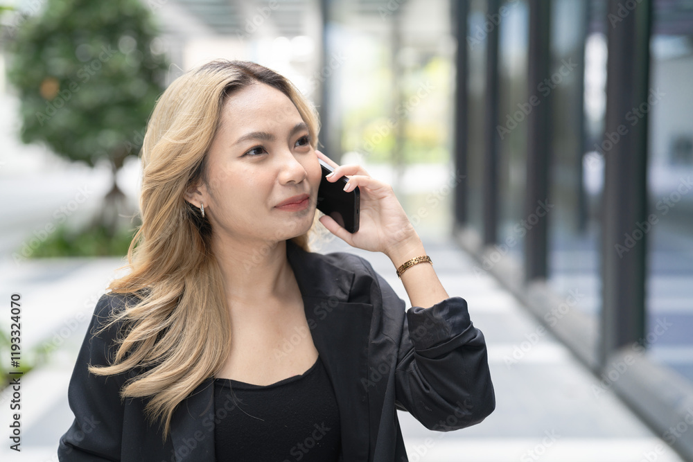 business woman calling smartphone at outdoors, exuding confidence and focus while multitasking in a modern urban environment, representing productivity and adaptability. business woman calling smartphone at outdoors, exuding confidence and focus while multitasking in a modern urban environment, representing productivity and adaptability.