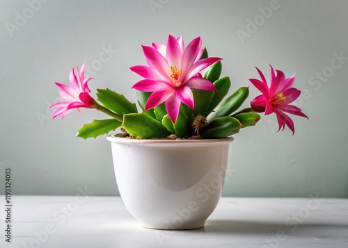 Wallpaper Mural Blooming Schlumbergera Cactus in White Pot: Stunning Close-Up of Delicate Flowers Torontodigital.ca