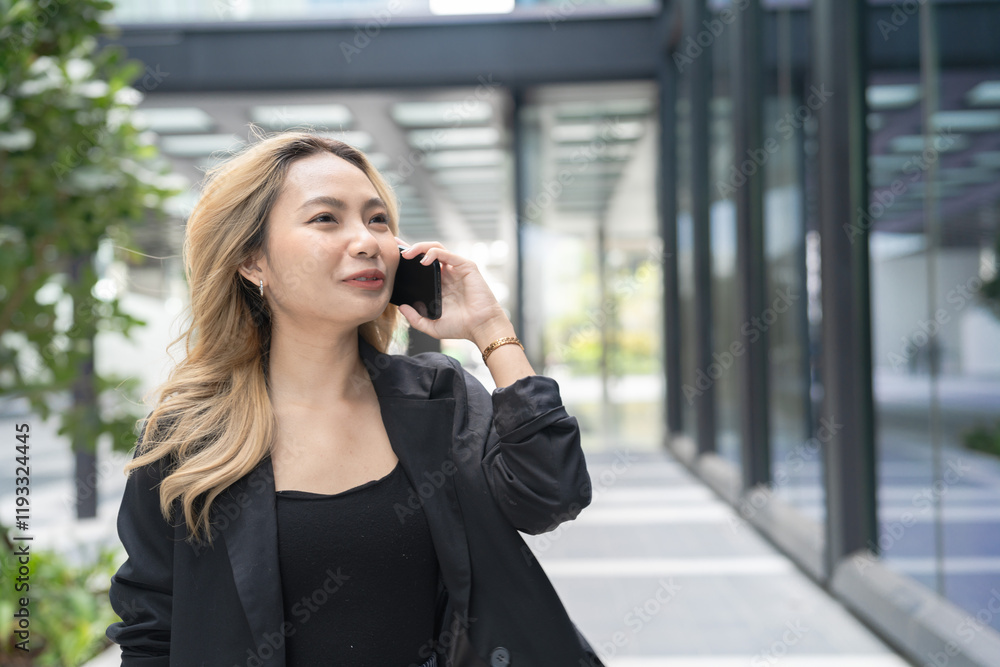 business woman calling smartphone at outdoors, exuding confidence and focus while multitasking in a modern urban environment, representing productivity and adaptability. business woman calling smartphone at outdoors, exuding confidence and focus while multitasking in a modern urban environment, representing productivity and adaptability.