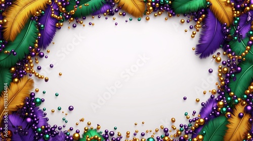 Festive mardi gras frame with colorful feathers and beads on white background. Mardi Gras, Fat Tuesday, Carnival Season. Bright Parades, Masks, Festive Costumes, Vibrant Atmosphere