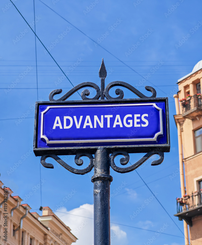 Obraz premium Advantages symbol. Concept word Advantages on beautiful blue road sign. Beautiful blue sky and city building background. Business advantages concept. Copy space.