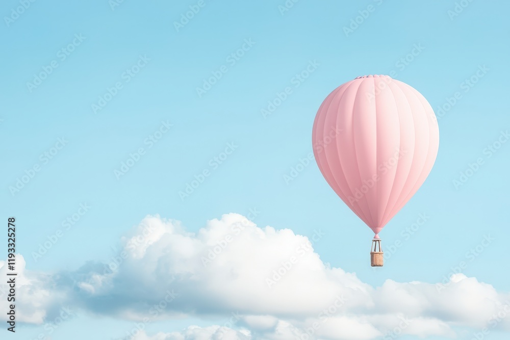 Obraz premium A pink hot air balloon floats leisurely against a bright blue sky with fluffy clouds.
