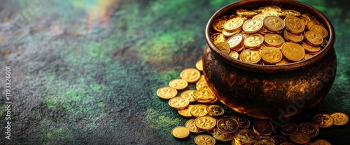 Wallpaper Mural Pot of gold coins on dark textured surface symbolizing wealth and fortune. Saint Patrick's Day, St Paddy's Day, St Patty's Day - Irish National Holiday and Cultural Celebration Torontodigital.ca