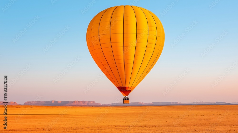 Obraz premium A vibrant yellow hot air balloon floats serenely over a vast, sun-kissed desert landscape under a clear sky.