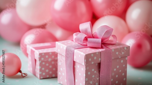 Pink gifts with balloons.