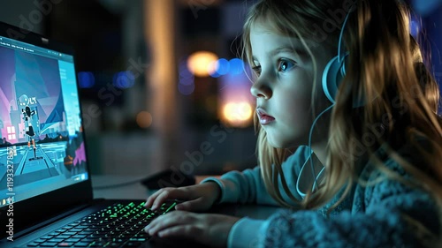 Little girl wearing headphones typing hypnotized on a keyboard sitting next to laptop at night playing