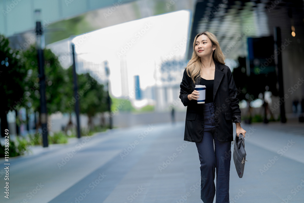 Fototapeta premium Stylish businesswoman walking in a modern urban setting with a coffee cup, exuding confidence, professionalism, and a dynamic career lifestyle in a sleek architectural environment.