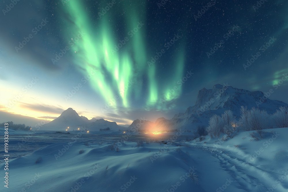 Fototapeta premium Paysage arctique enneigé avec aurore boréale verte éclatante