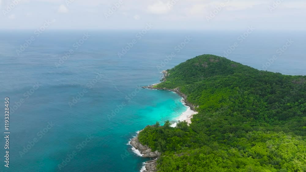 The beach's golden sands are framed by the vibrant, green foliage of the surrounding rainforest. Seychelles, Mahe. Anse Capucins beach. The beach's golden sands are framed by the vibrant, green foliage of the surrounding rainforest. Seychelles, Mahe. Anse Capucins beach.