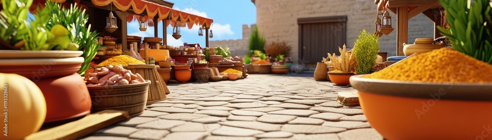 Fototapeta premium Vibrant Market Scene with Spices and Produce in a Sunlit Courtyard