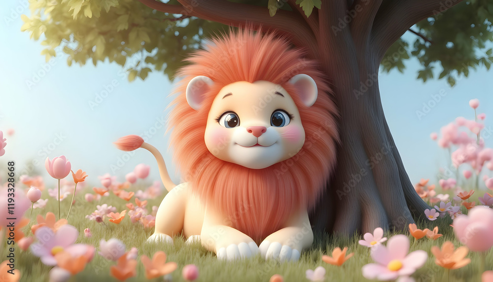 Adorable Baby Lion Cub in Flower Field Under Tree Adorable Baby Lion Cub in Flower Field Under Tree